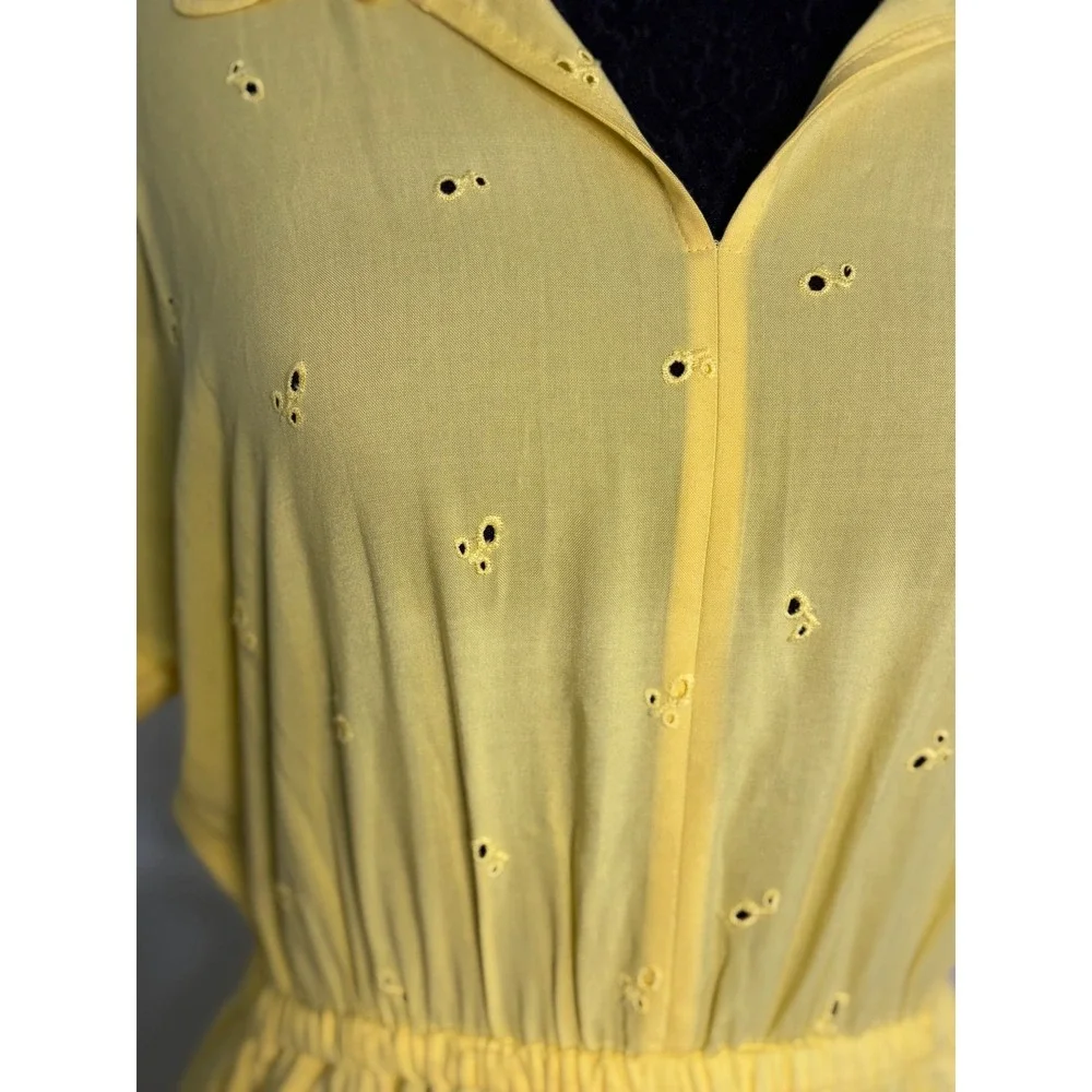 Joules‎ Yellow Eyelet Button Front Midi Dress Shirt Dress Elastic Waist Size 6 - Picture 2 of 10